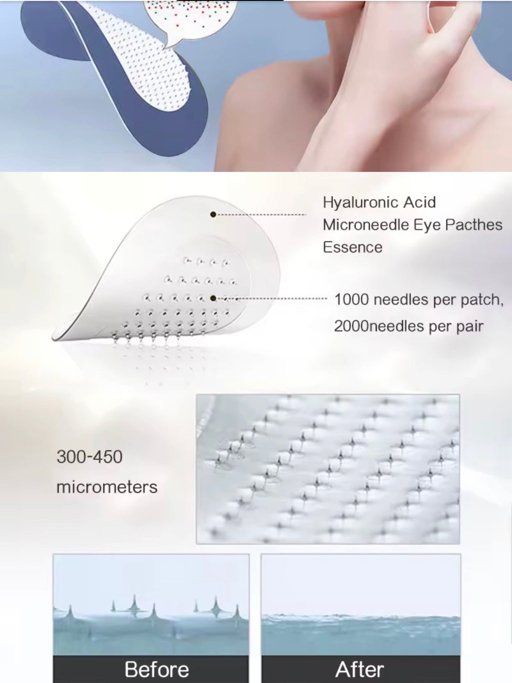 Hyaluronic Acid & Peptides Microneedle Eye & Face Patches – Micro-Crystal Anti-Wrinkle Treat