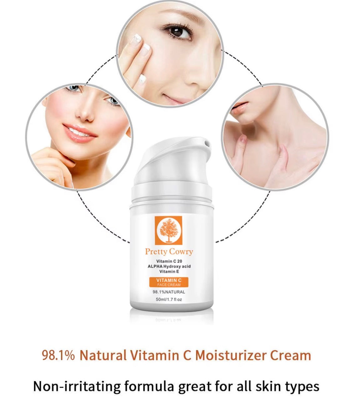 Pretty Cowry Nourishing Alpha Hydroxy Acid (AHA) Vitamin C Cream – Brightening, Smoothing & Hydrating Moisturiser (50g)