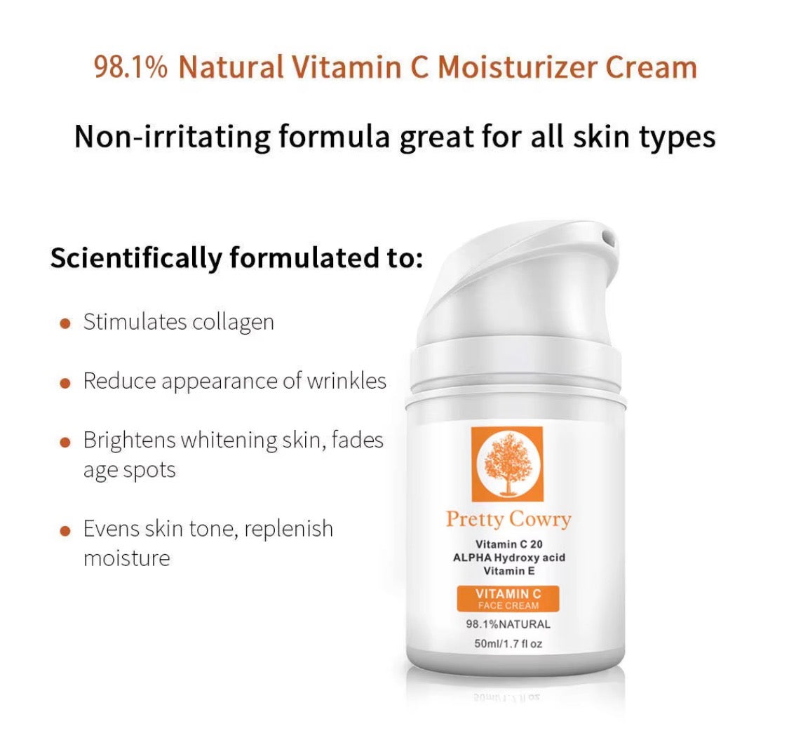 Pretty Cowry Nourishing Alpha Hydroxy Acid (AHA) Vitamin C Cream – Brightening, Smoothing & Hydrating Moisturiser (50g)