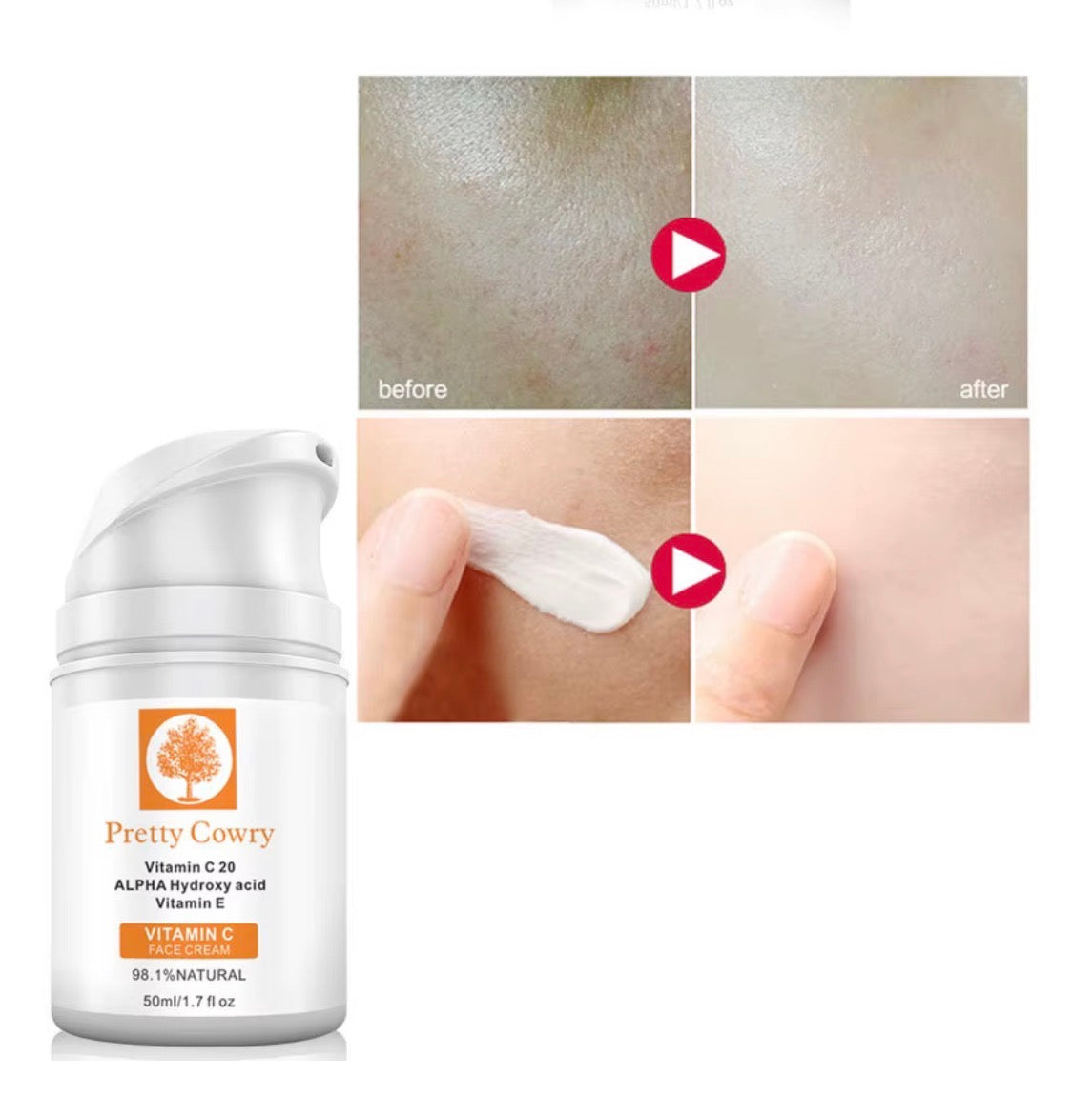 Pretty Cowry Nourishing Alpha Hydroxy Acid (AHA) Vitamin C Cream – Brightening, Smoothing & Hydrating Moisturiser (50g)